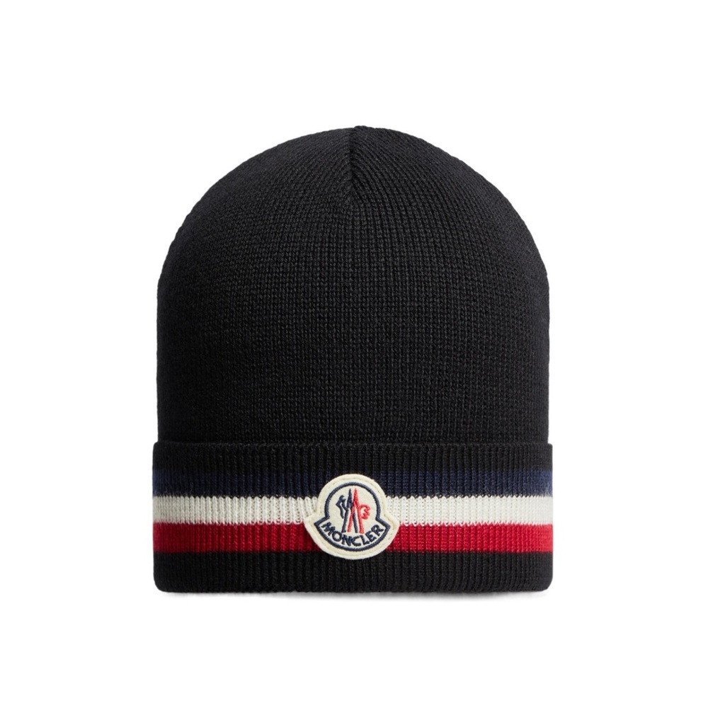 Moncler Black Beanie with Tricolor Stripe